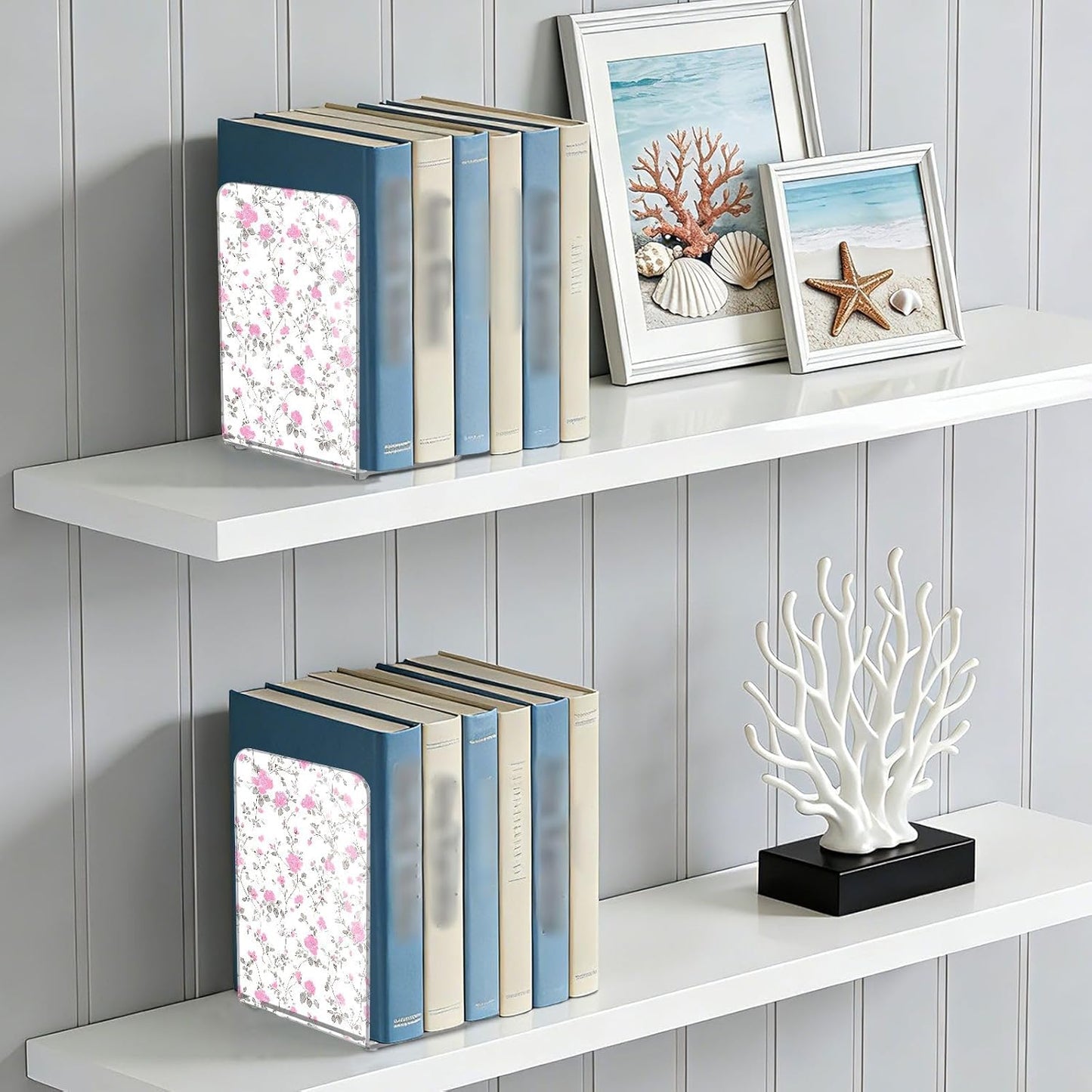 Light Pink Floral Small Bookends Book Ends for Shelves Heavy Books Stopper Decorative Acrylic Non-Slip 1 Pair