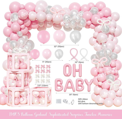 Party Inspo Pink Bow Baby Shower Decorations - 132 PCs Coquette Baby Shower Supplies with Balloon Garland, Backdrop, Cake Topper, Tablecloth, Boxes, Badge, Sash for Girls Pink Themed Party