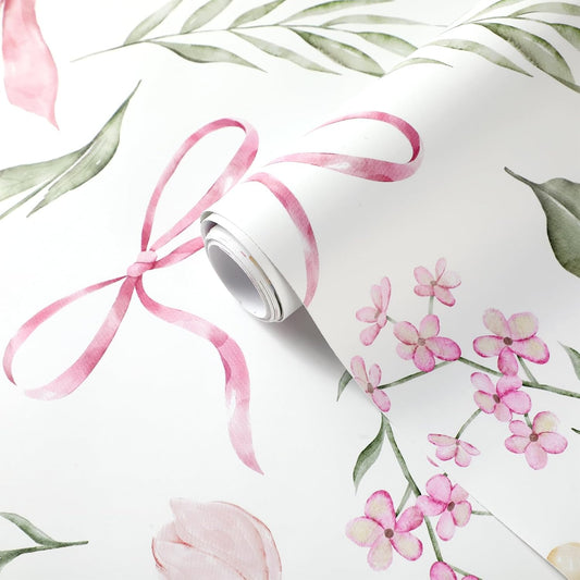 Faccito Pink Bow Floral Peel and Stick Wallpaper 15. 75 x 118 Inch Watercolor Bow Flowers Wallpaper Coquette Aesthetic Wall Paper Adhesive Removable Room Decor for Girls Bedroom Kids Room Cabinets