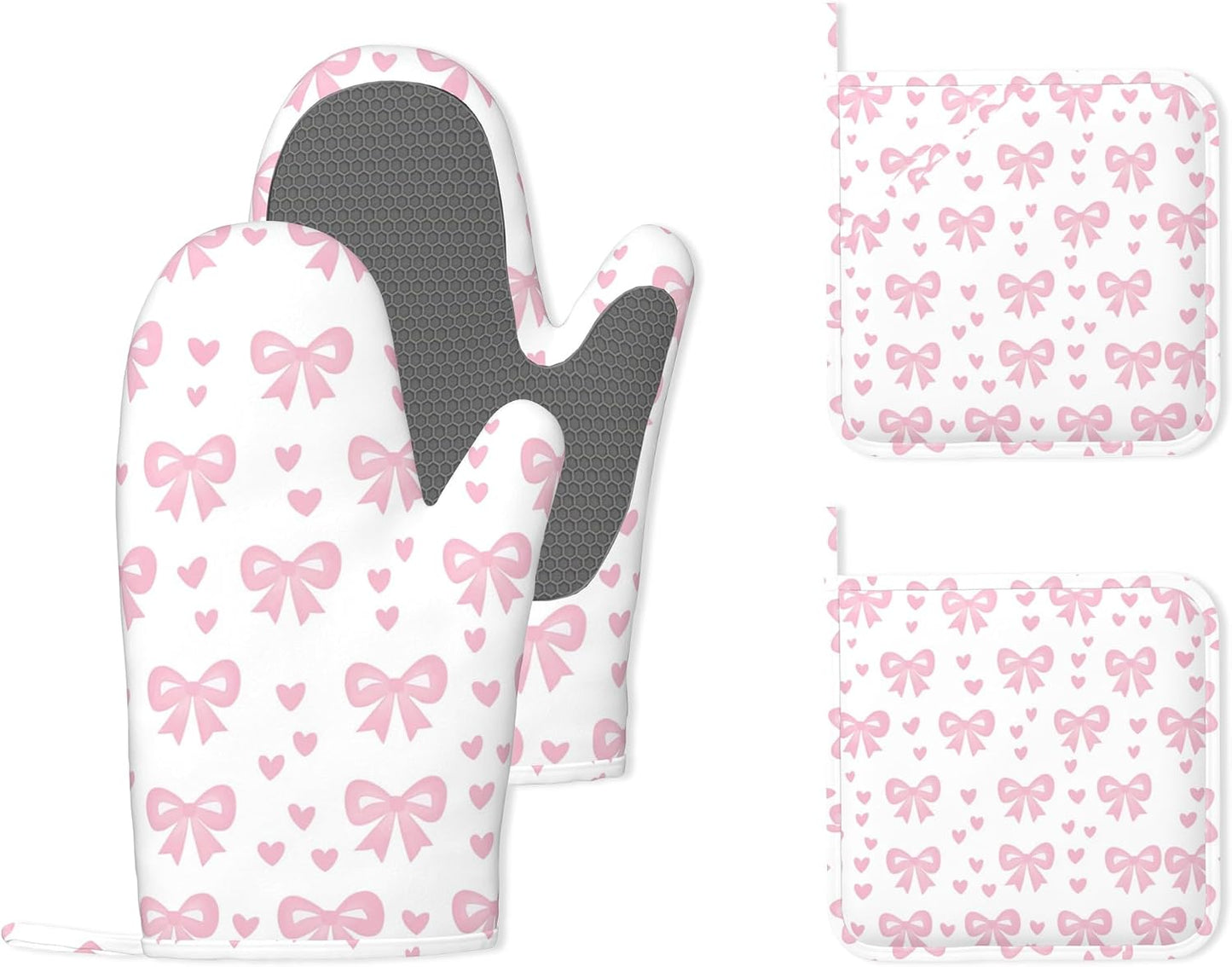 Cute Pink Bows Heat-Resistant Silicone Oven Mitts and Pot Holders 4 Piece Set,Extra Long Non-Slip Kitchen Oven Gloves for Cooking, Baking, BBQ,Grilling