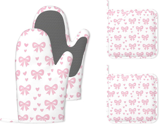 Cute Pink Bows Heat-Resistant Silicone Oven Mitts and Pot Holders 4 Piece Set,Extra Long Non-Slip Kitchen Oven Gloves for Cooking, Baking, BBQ,Grilling