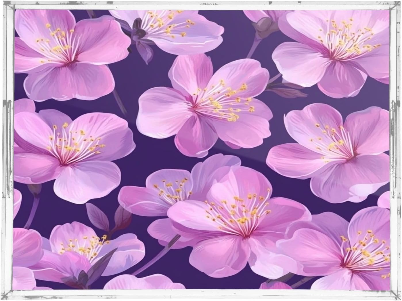 Peach Flowers Acrylic Serving Tray with Handles,Clear Serving Tray Decorative Organiser for Ottoman, Kitchen, Bedroom Decorative 12x16 Inches