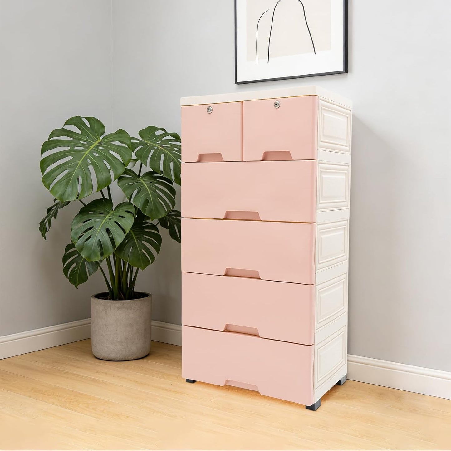 5-Layer 6-Drawer Rolling Storage Cabinet, Pink White PP Dresser with Lock, Modern Organizer, Mobile Clothes Bin with Wheels, Large Capacity, Anti-Slip, Easy Install for Bedroom