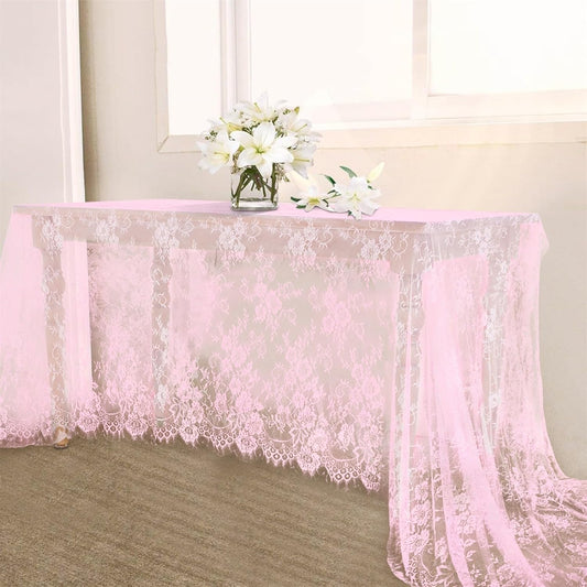 B-COOL Pink Lace Table Cloth 60 x 120 Inches Rectangle Vintage Embroidered Bridal Wedding Table Cloth Sheer Overlay for Rustic Outdoor Party Reception Home Decor