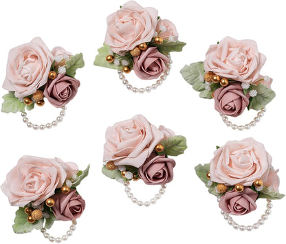 6Pcs Dusty Pink Faux Foam Rose Corsages for Women Wedding 6Pcs | Artificial Foam Rose Corsages Wristlet for Wedding Prom Bride Bridesmaids Homecoming Party Ceremony Anniversary