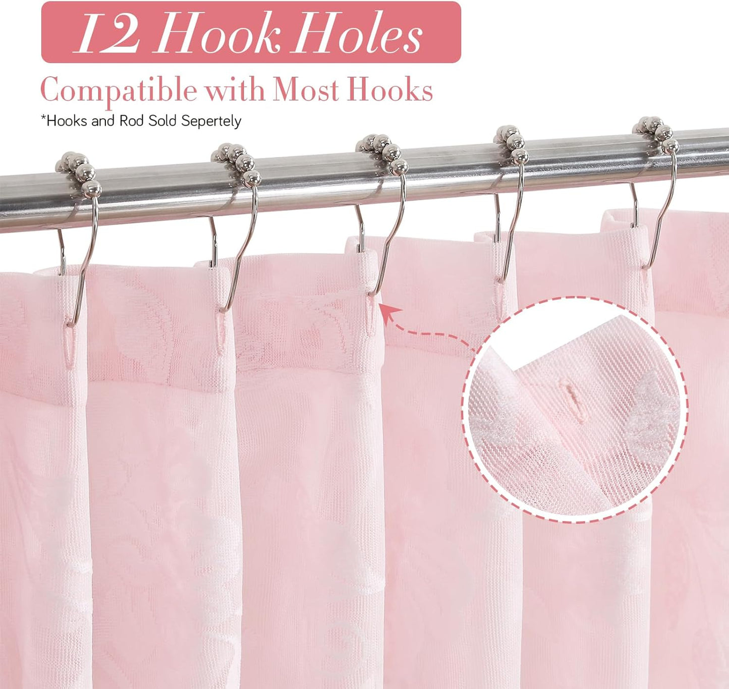 Pink Lace Shower Curtain with Tassels,Luxury Floral Sheer Romantic Bath Curtains for The Bathroom,72" W x 78" H
