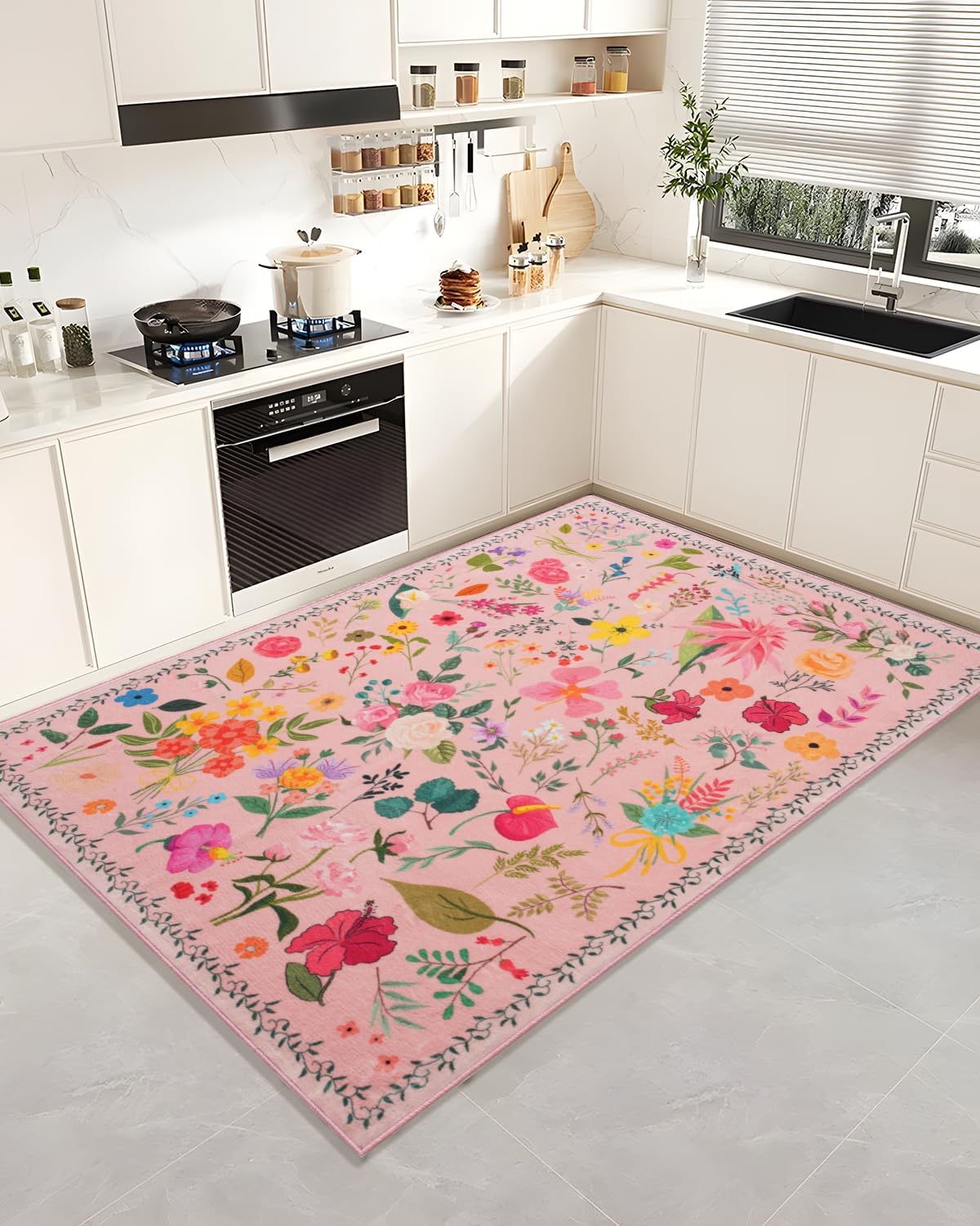 CRYPTOLITE Boho Washable Area Rug 5x7 – Floral Low Pile Non-Slip Carpet for Living Room, Bedroom, Office, Playroom, Entryway, Kitchen, Dining Room (Pink)