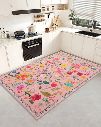 CRYPTOLITE Boho Washable Area Rug 5x7 – Floral Low Pile Non-Slip Carpet for Living Room, Bedroom, Office, Playroom, Entryway, Kitchen, Dining Room (Pink)