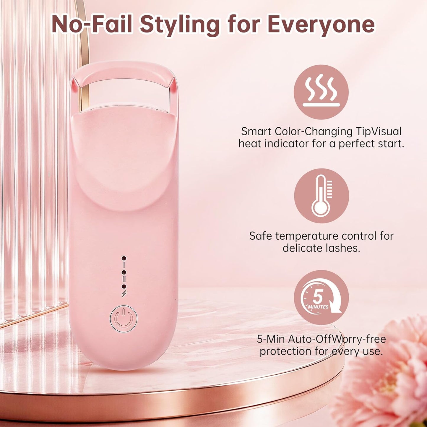 Heated Eyelash Curler, 10s Fast Heating Portable Electric Lash Curler, Type-C Rechargeable Travel Eye Lash Curlers with Anti-Scalding Silicone Pad, 2 Temp Modes & 24H Long Lasting Curves (Pink)