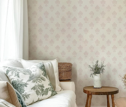 RollsRolla Girls Room Wallpaper Peel and Stick, Dusty Pink Block Print Floral on Cream, Non-Woven Canvas Fabric Removable Wall Paper for Bedroom Powder Room, 16.5 in x 120 in