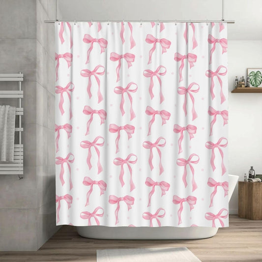 Cute Shower Curtain Pink Bow Fabric Shower Curtains for Bathroom Modern Aesthetic Cloth Shower Curtain Set with Hooks 72x72 Inch, Pink Bow