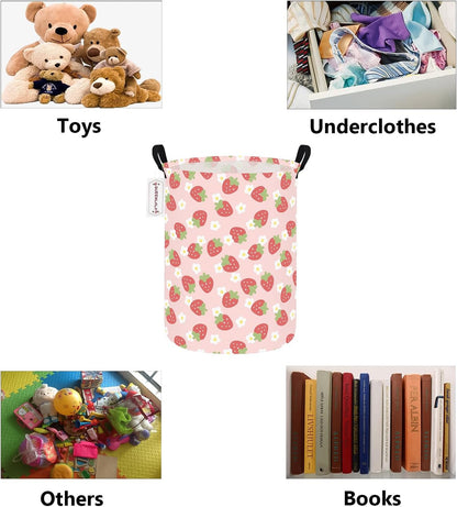 Round Waterproof laundry basket, Laundry Hamper for Nursery, Kids Toy Box Storage for Girls Boys, Diaper or plush toy gift basket, Foldable Fabric Basket(Round-Pink Strawberry)