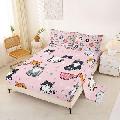 Manfei Cartoon Cute Cat Bed Sheet Mug Kitten Paw Print Bedding Sets (1 Fitted,1 Flat,2 Pillowcases) Heart Sweet Kawaii Luxury Deep Pocket Bed Sheets Kids Boys Girls Queen Peach Pink