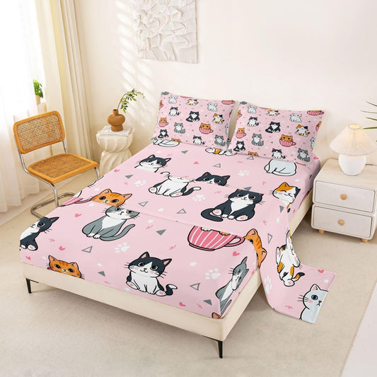 Manfei Cartoon Cute Cat Bed Sheet Mug Kitten Paw Print Bedding Sets (1 Fitted,1 Flat,2 Pillowcases) Heart Sweet Kawaii Luxury Deep Pocket Bed Sheets Kids Boys Girls Queen Peach Pink