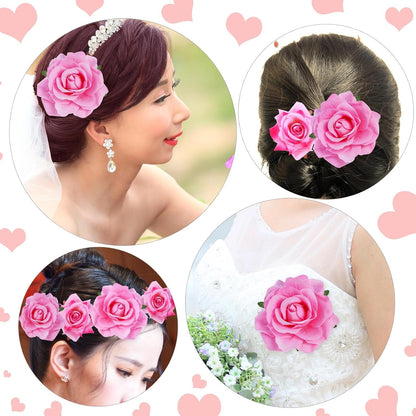 Topbuti Rose Hair Clip Flower Hairpin Brooch Floral Clips, 4 Pcs Fabric Rose Flowers Hair Clips Mexican Hair Flowers Pin up Headpieces for Woman Girl Wedding Party Mother's Day (2 Sizes) (Pink)