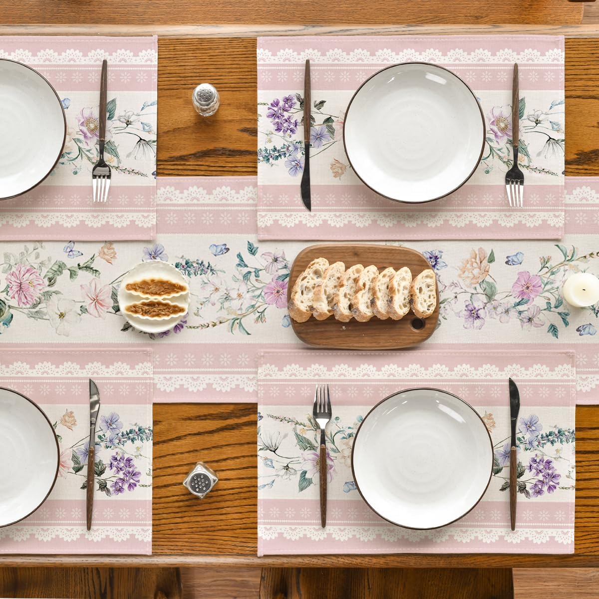 Artoid Mode Pink Printed Lace Floral Spring Placemats Set of 4, 12x18 Inch Seasonal Summer Holiday Table Mats for Party Kitchen Dining Decoration