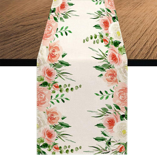 Watercolor Peach Floral Table Runner, Seasonal Summer Greenery Wreath Holiday Kitchen Dining Table Decoration for Home Party Decor 13 x 70 Inch