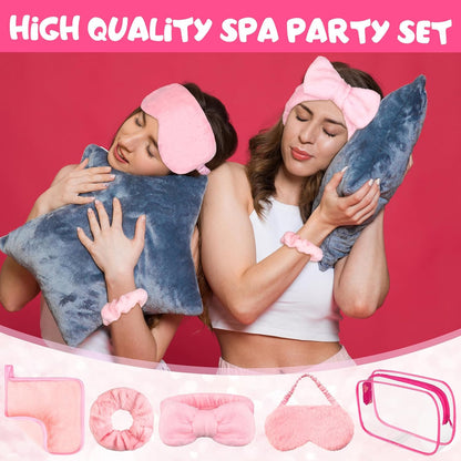 30 Pcs Spa Sleepover Party Supplies 6 Bow Makeup Headband 6 Pink Plush Sleep Eye Mask 6 Velvet Scrunchies 6 Makeup Remover Cloth 6 Clear Cosmetic Bags for Women Slumber Party Favors