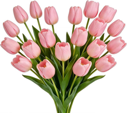 16 inch Fake Tulips Artificial Flowers, 20PCS Real Touch Fakes Tulip Plants for Bridesmaid Bouquet and Wedding Ceremony Festivals Anniversary Bridal Rehearsal Party Bar Table Decor-Pink