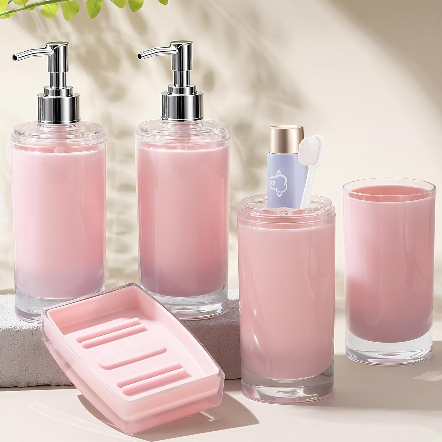 Pink Bathroom Accessories Set 6 Pieces Acrylic, Include Soap Dispenser, Toothbrush Holder, Tumbler, Soap Dish, Lables, Bathroom Countertop Set, Cute Bathroom Sink Decor