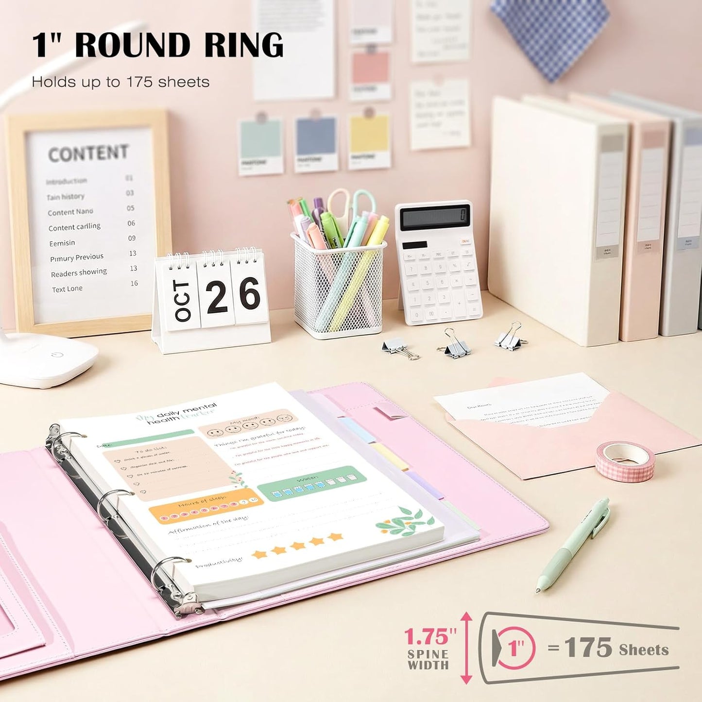 Ospelelf Leather 3 Ring Binder for Letter Size Documents with PVC Pocketed Dividers, 1 Inch Round Rings, Holds 175 Sheets, Binders with Storage Bag & Notepad, for Office School Home Organization, pink