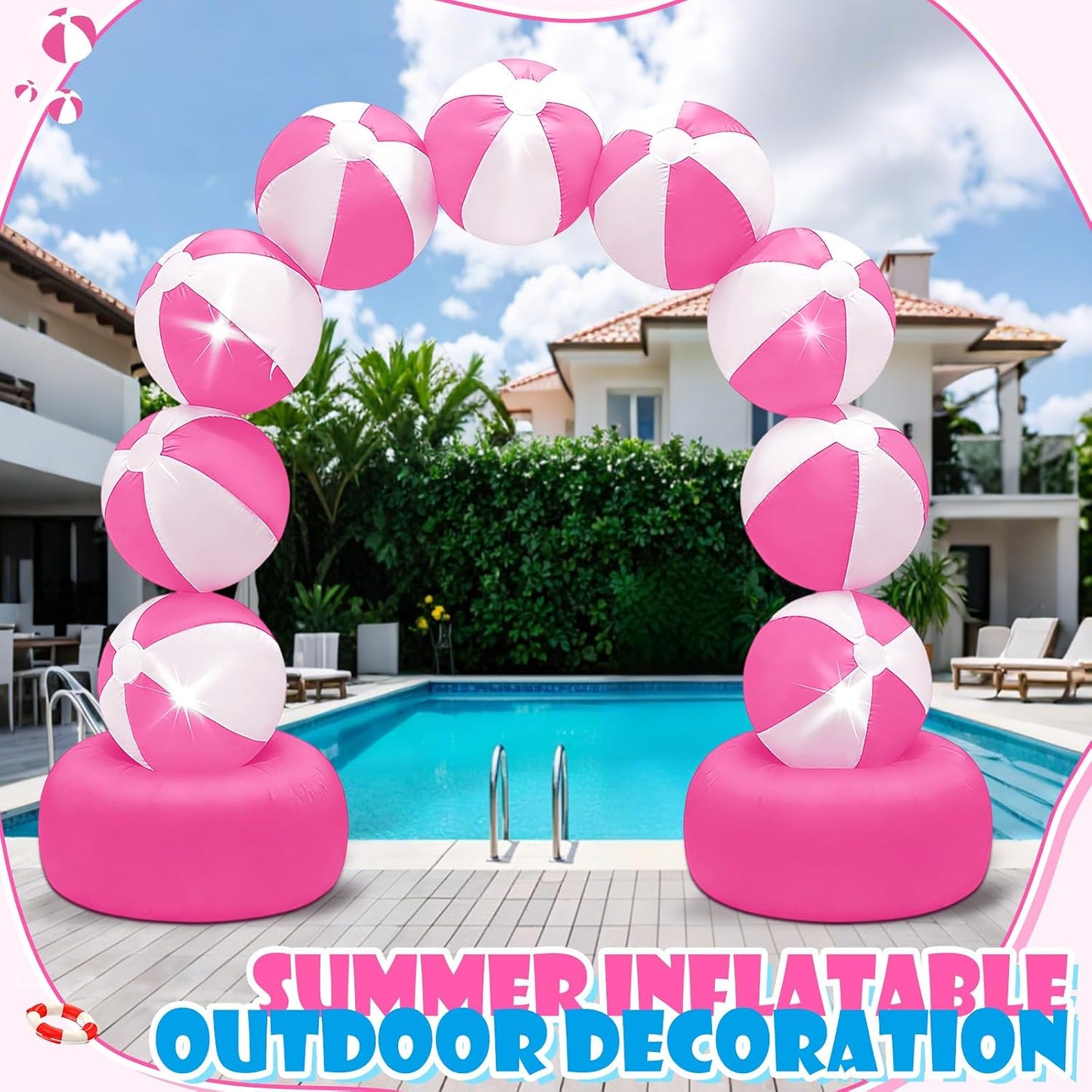 8FT Inflatable Beach Ball Arch Built-in 5 LED Lights Pink Blow Up Archway for Summer Outdoor Decorations Tropical Luau Carnival Pool Beach Birthday Party Supplies Yard Garden Lawn Photo Backdrop