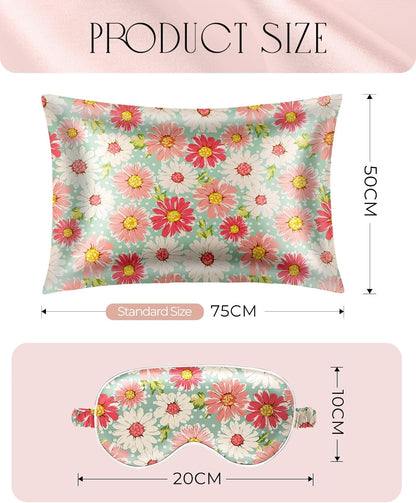Miss Adola Mulberry Silk Pillowcase Set - 19 Momme Cooling Silk Pillow Case with Eye Mask & Scrunchie, Standard 26"x20", for Hair and Skin, Curly Hair, Women & Moms, White Pink Daisy