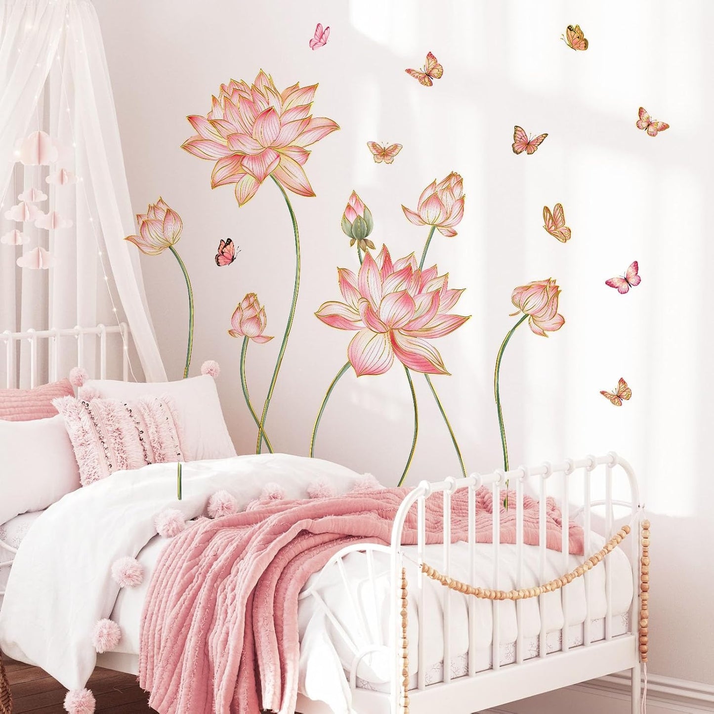 Gold Flower Wall Decals Blue Pink Floral Wall Sticker Creative Lotus Peel and Stick Removable Wall Art Decor for Living Room Bedroom Home Office (PinkLotus)