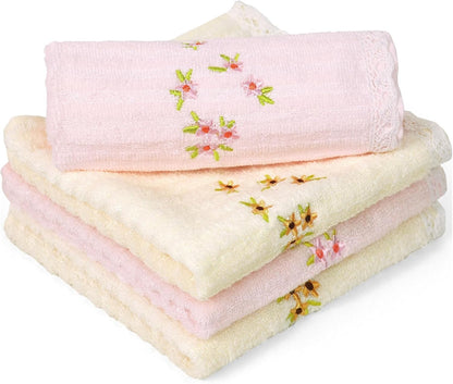 Jacquotha Bathroom Washcloths Face Towels 4-Piece, Floral Embroidered, Cotton, Pink & Cream 13” x 13"