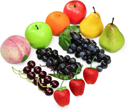 16 Pcs Fake Fruits Pack, Artificial Fruits for Decoration Kitchen Home, Display Fruits for Dining Table Decor, Realistic Fake Apple Peach Oranges Grapes Pear