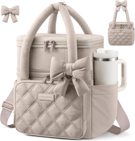 LOVEVOOK Insulated Lunch Bag Women,Expandable Double Deck Adult Lunch Box Women with Cup Holder,Bow Puffer Large Leakproof Cooler Bag for Work College Picnic,Lunch Box/Bag for Kids Girl Boy School