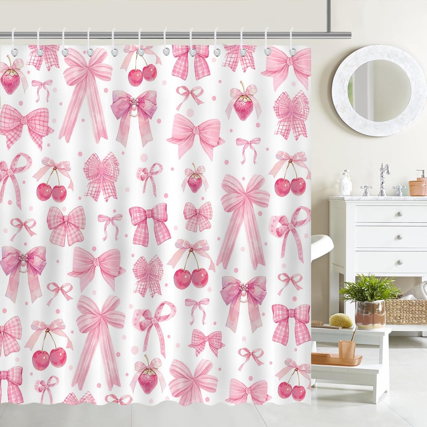 Mocsicka Pink Bow Shower Curtain Valentines Pink Bow Cherry Strawberry Bathroom Shower Curtain Cute Pink Bow Aesthetic Waterproof Fabric Shower Curtain Bathtub Decor with 12 Hooks 72 X 72 inch