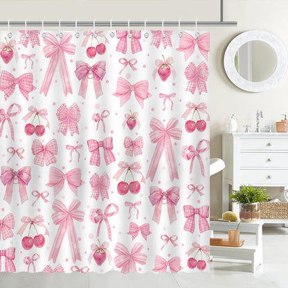 Mocsicka Pink Bow Shower Curtain Valentines Pink Bow Cherry Strawberry Bathroom Shower Curtain Cute Pink Bow Aesthetic Waterproof Fabric Shower Curtain Bathtub Decor with 12 Hooks 72 X 72 inch