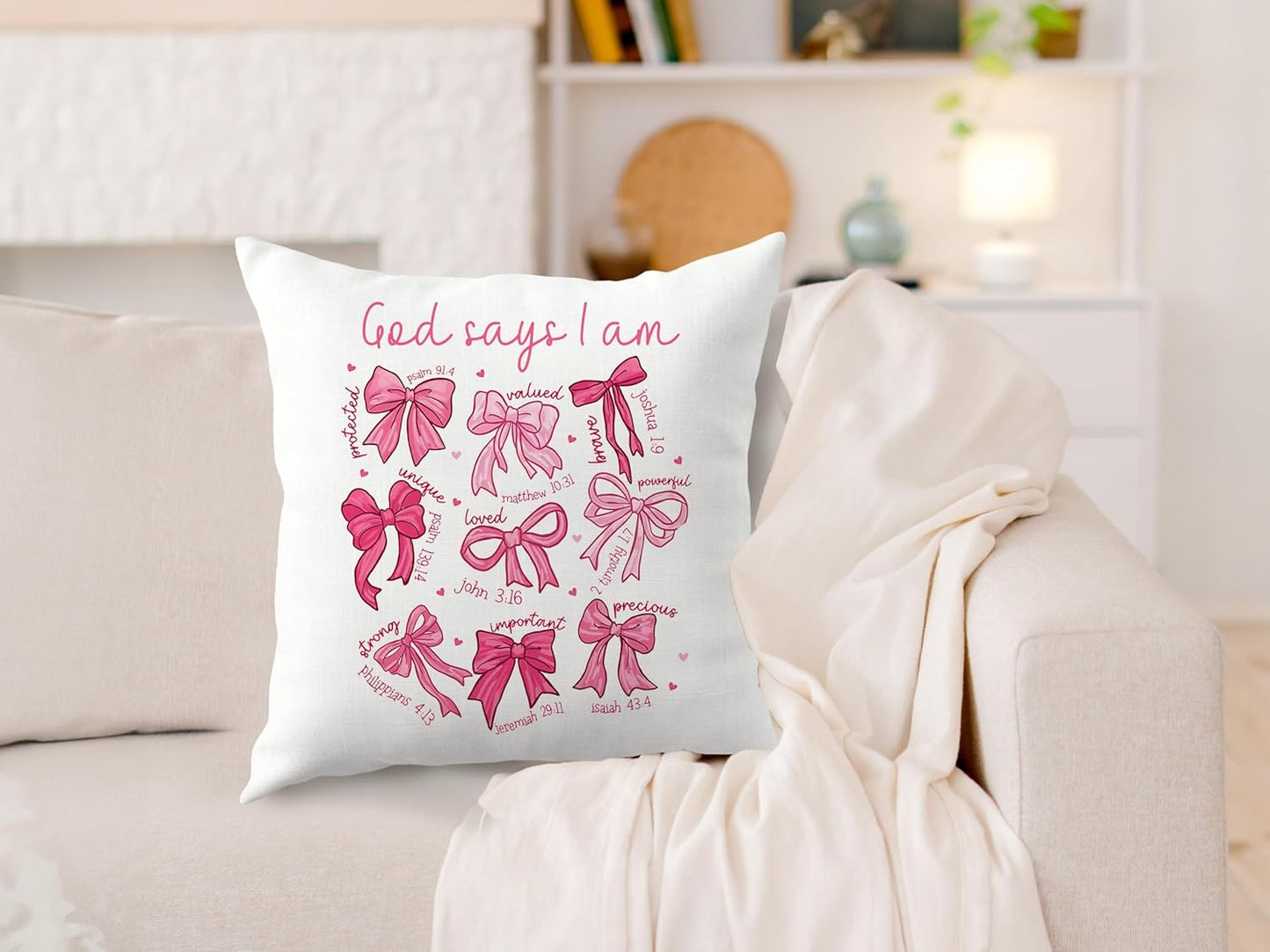 Coquette Pink Bow Christian Pillow Covers 18x18, Coquette Room Decor, God Says I Am Bow Bible Verse Religious Decorative Throw Pillow Covers for Girls Bedroom Dorm Living Room Home