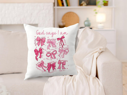 Coquette Pink Bow Christian Pillow Covers 18x18, Coquette Room Decor, God Says I Am Bow Bible Verse Religious Decorative Throw Pillow Covers for Girls Bedroom Dorm Living Room Home