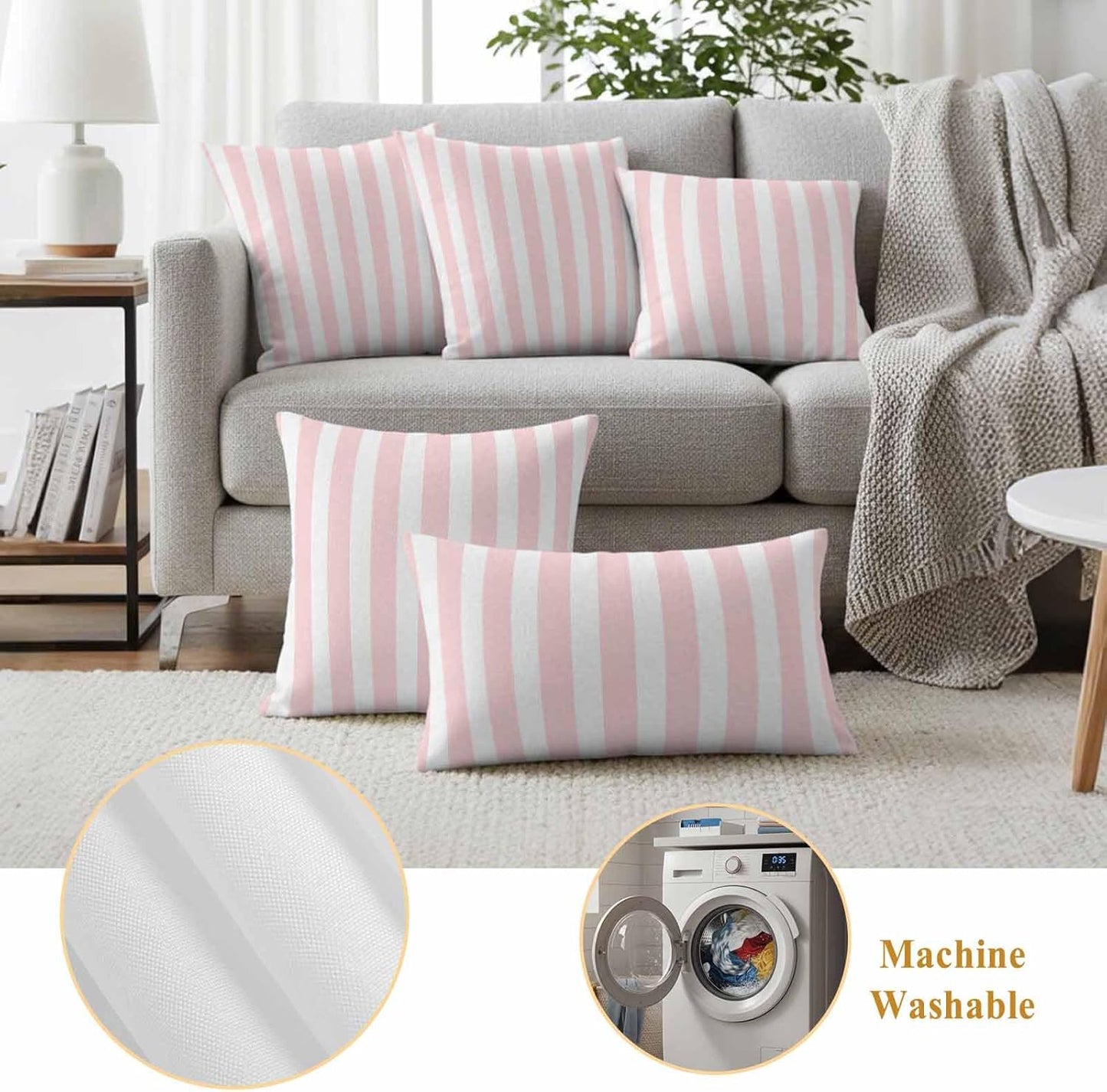 Outdoor Pillow Covers 18x18 Set of 2 Pink Stripes Outdoor Pillows Waterproof Throw Pillow Covers Pink White Vertical Striped Pillowcases Decorative Case for Patio Cushion