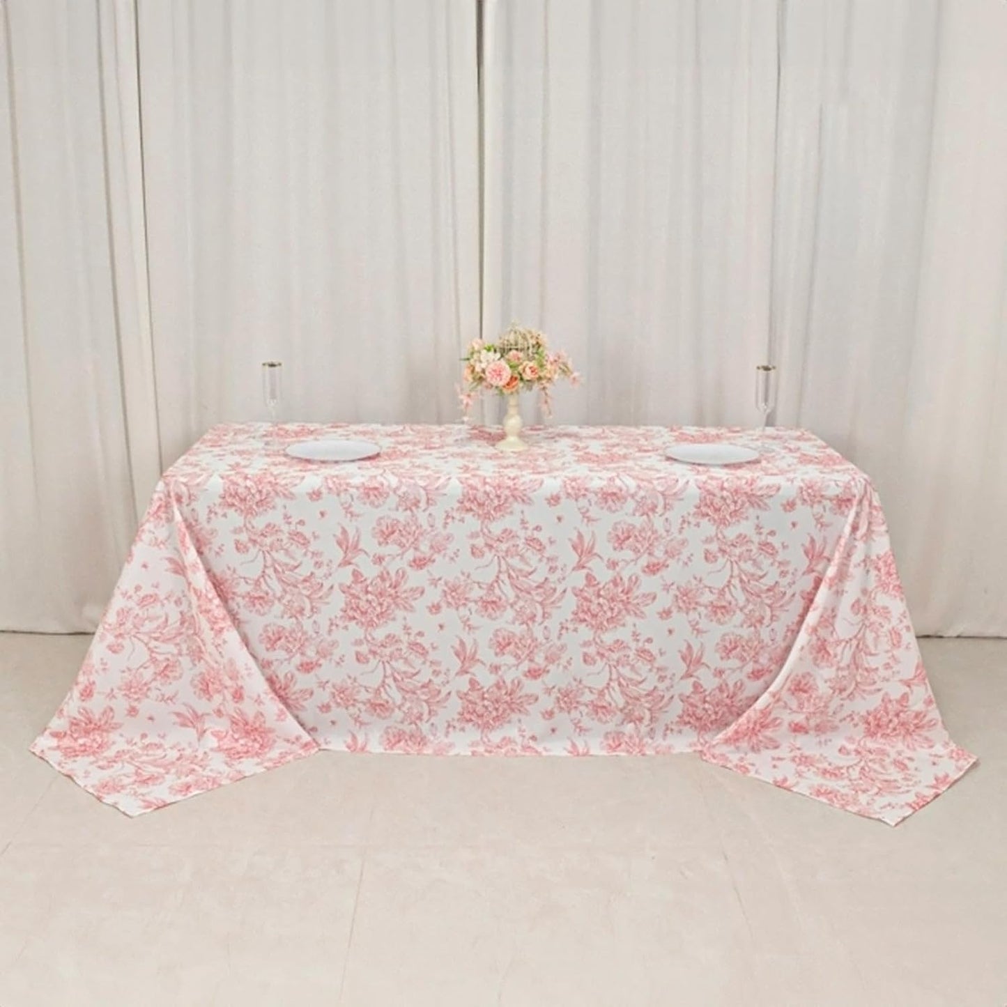 Efavormart Polyester Rectangular Tablecloth 90"x132" White with Pink French Toile Pattern - Sophisticated Table Cover for Chic Weddings & Events