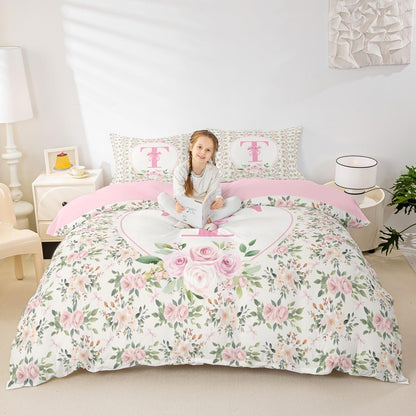 Erosebridal Peach Blossom Duvet Cover Twin Size Letter T Bedding Set for Kids Girls WomenPreppy Kawaii Coquette Girly Comforter Cover Fashion Princess Dreamy Ribbon Bow Bedclothes