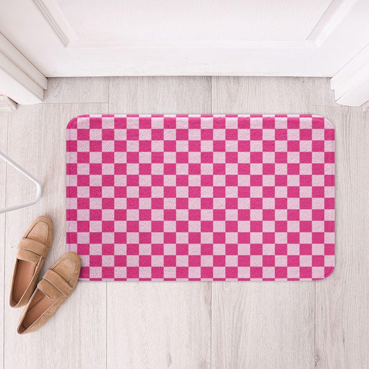 Homewish Rose Pink Checkered Bathroom Rugs,Geometric Gingham Non Slip Bath Mat Watercolor Grid Bathroom Indoor Floor Mats,Coquette Plaid Shaggy Absorbent Bathtub Decor Rug,16"x24"