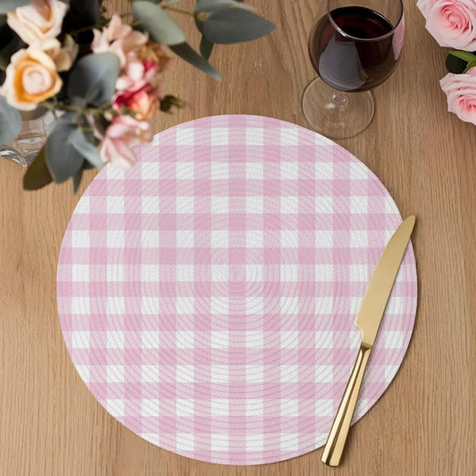 Round Placemats Set of 2 Peach Pink Buffalo Checked Plaid Place Mats Washable Woven Placemat Classic Grid Circle Braided Table Mat for Kitchen Dining Table Party Home Decor 15 Inch