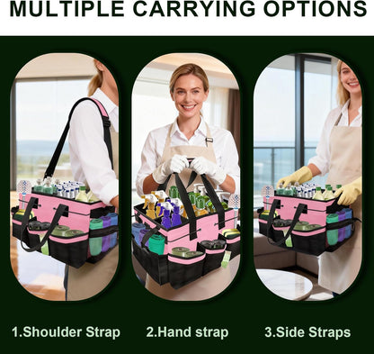 Large Cleaning Caddy Bag – Cleaning Supply Organizer Bag with Handle & Adjustable Shoulder Strap for Housekeepers, Professional Home, Apartment & Office Cleaning, Soft Portable Tote (Pink)