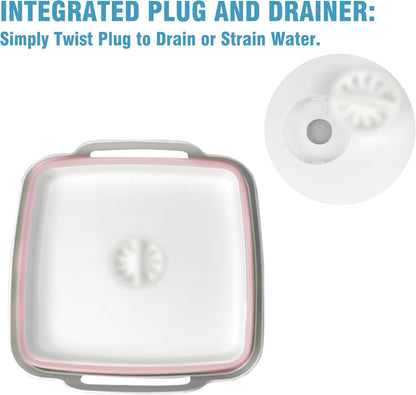 Dish Basin Collapsible with Drain Plug Carry Handles for 9L Large Capacity, Washing Basin, Collapsible Dish Tub for RV Sink, Vegetable, Fruit, Food Sink Strainer Dish Washing Tub - Pink