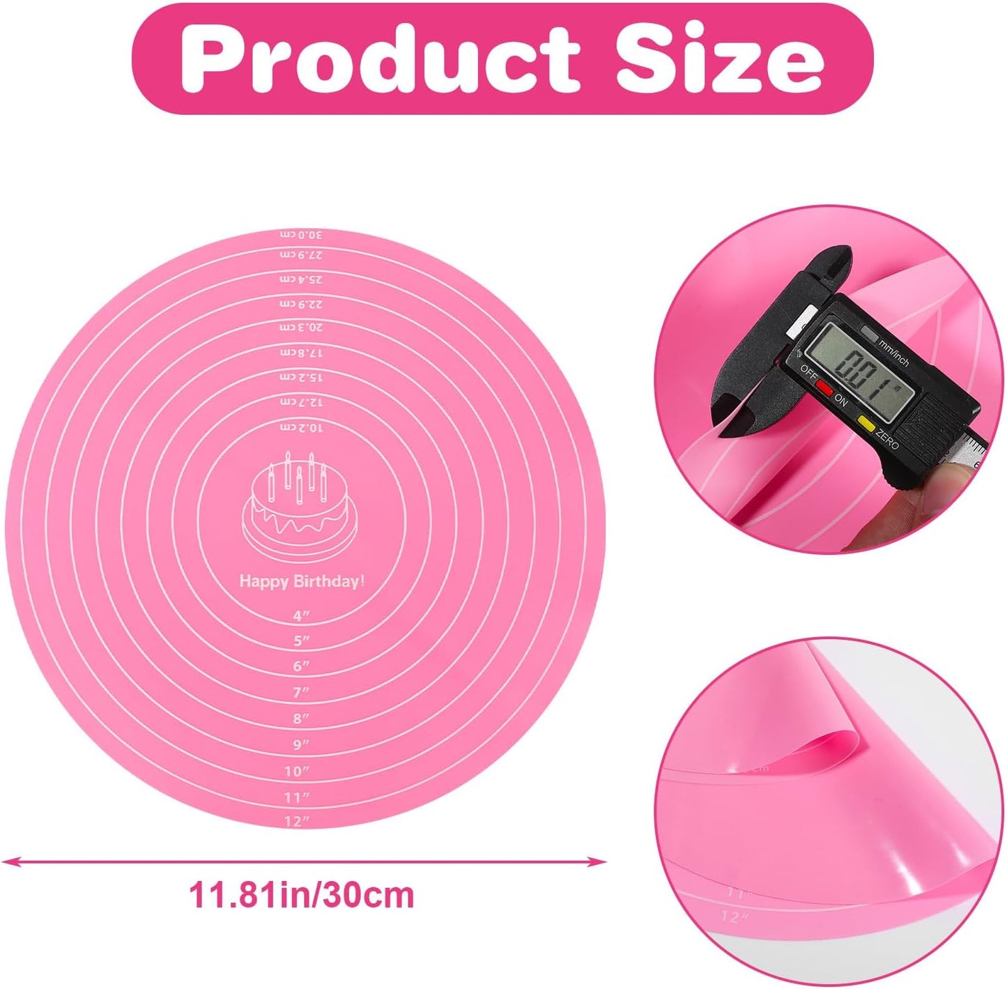 3 Pcs Silicone Cake Mat Round Baking Mat with Measurements Reusable Cookie Turntable Pad Pastry Baking Pad for Pizza Pan Rolling Out Dough Non-Stick Sheets Heat Resistant Pink Blue Green