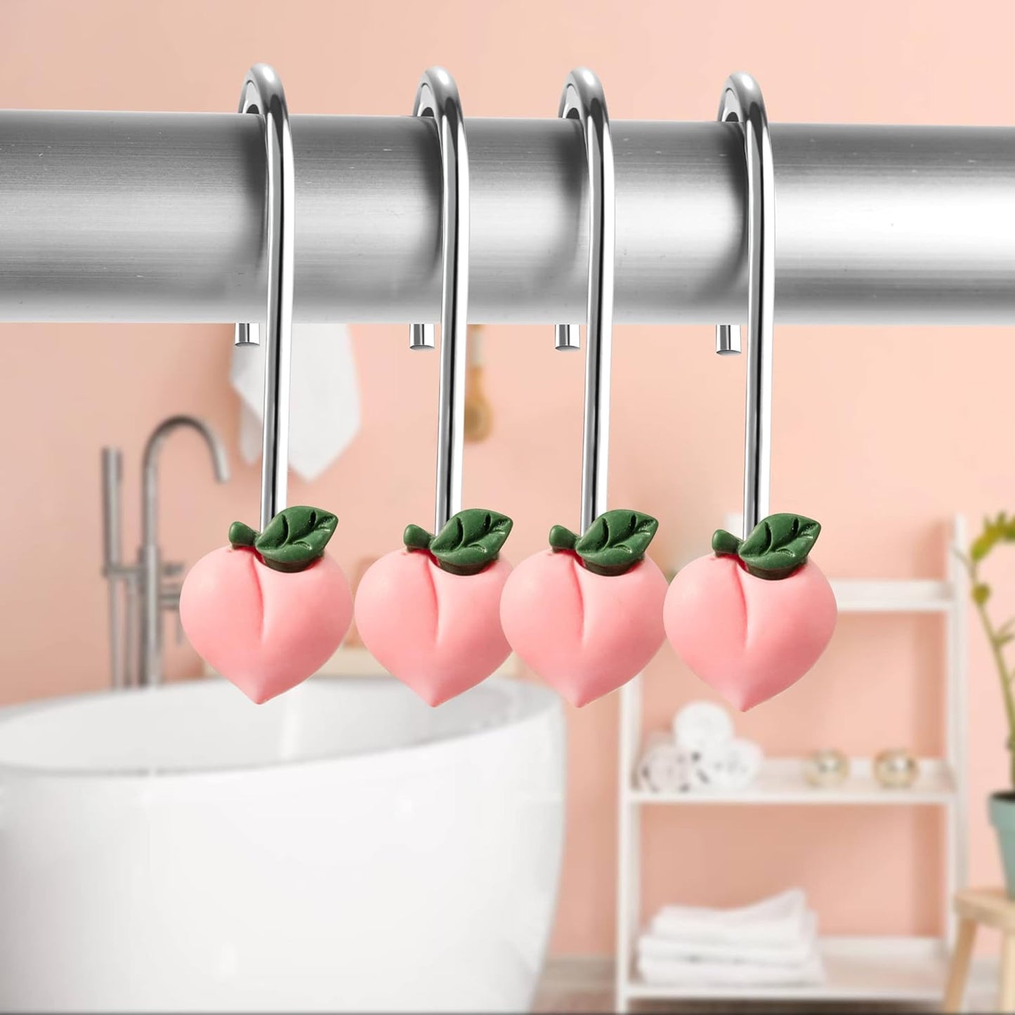 Peach Shower Curtain Hooks - 12 Pcs Peach Bathroom Resin Decor Accessories Set Glide Home Decorative Shower Curtain Rod Rings Hooks Hangers Rust Resistant Proof Stainless Steel Pinch Pleat
