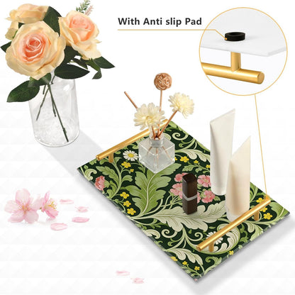Pink Carnation Green Leaves William Morris Decorative Serving Tray with Handles Long Serving Tray for Jewelry Perfume for Bed Serving bandejas para desayuno personalizado