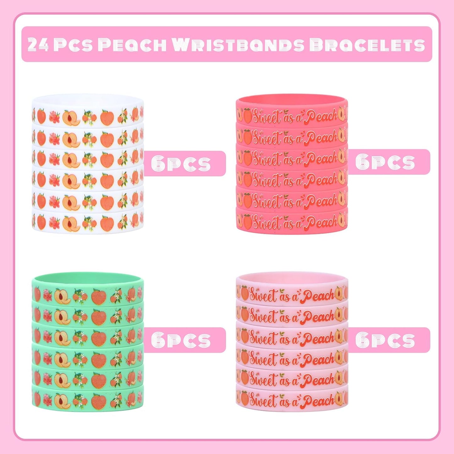 Serencatcher Sweet As a Peach Party Favors Bracelet, 24pcs One Sweet Peach Birthday Decorations Silicone Bracelets Peach Baby Shower Birthday Party Gift for Guest