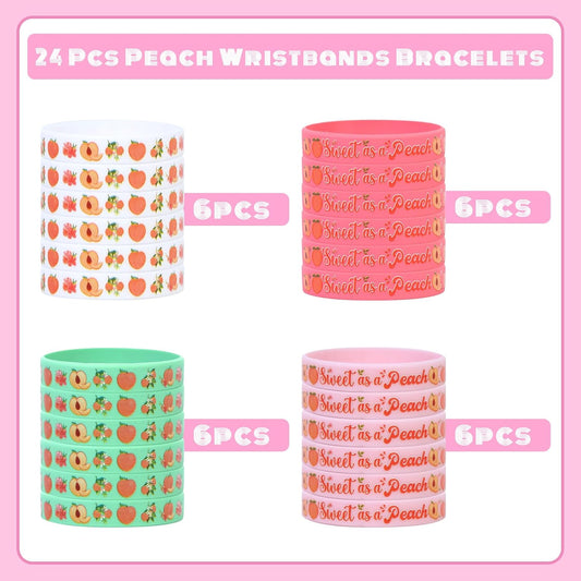 Serencatcher Sweet As a Peach Party Favors Bracelet, 24pcs One Sweet Peach Birthday Decorations Silicone Bracelets Peach Baby Shower Birthday Party Gift for Guest