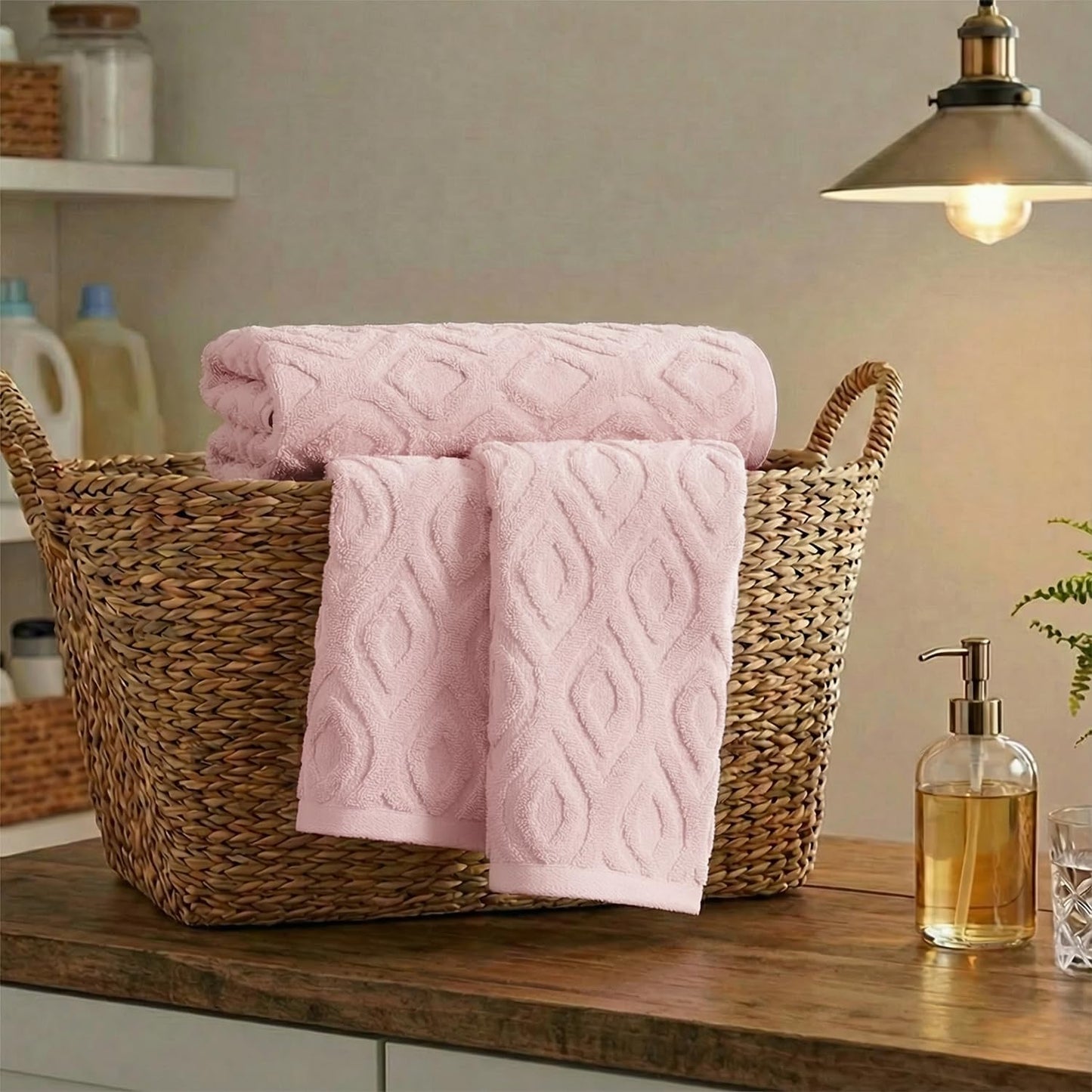 Artoid Mode 2 Pcs Pink 3D Diamond Grid Jacquard Hand Towels for Bathroom, 100% Cotton Soft Absorbent Bathroom Decor Towels, 13.7 x 29.5 Inch