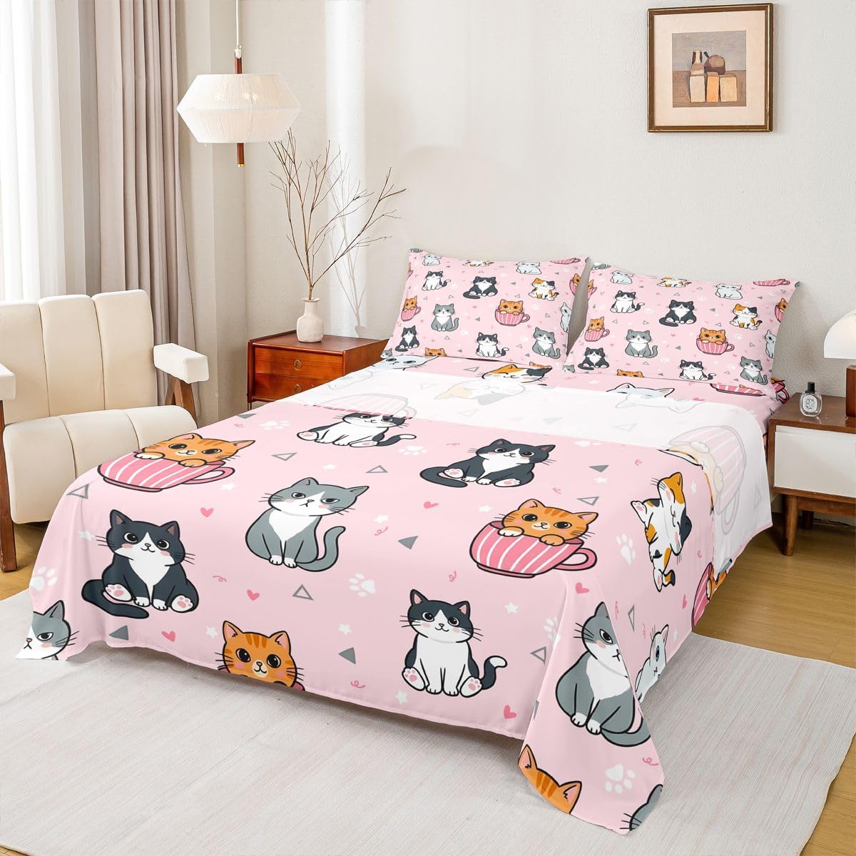 Manfei Cartoon Cute Cat Bed Sheet Mug Kitten Paw Print Bedding Sets (1 Fitted,1 Flat,2 Pillowcases) Heart Sweet Kawaii Luxury Deep Pocket Bed Sheets Kids Boys Girls Queen Peach Pink