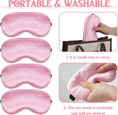 4 Pcs Pink Silk Sleep Mask for Sleeping with Adjustable Strap, Silk Eye Masks Satin Blackout Blindfold Sleep Eye Cover Comfortable Blindfold Eyeshade for Men&Women